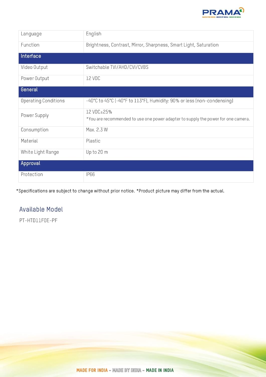 Prama Analog Camera 2MP Audio Camera 20m Warm Light Full Color Camera Colour VU Series with 5 Year Warranty by EvteQ (Camera, PT-HTD11F0E-MFS) - Image 4