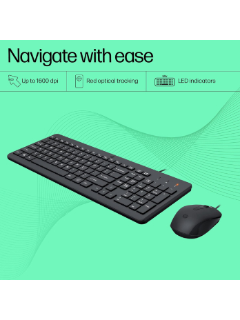 HP 150 Wired Keyboard and Mouse Combo with Instant USB Plug-and-Play Setup, 12 Shortcut Keys, 6 Adjustable Slope Keyboard and 1600 DPI Optical Sensor Mouse (3-Years Warranty, 240J7AA)
